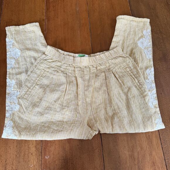 Anthropologie 100% Linen Yellow Stripe Floral Embroidered Pants Sz Sml Boho - Picture 9 of 15